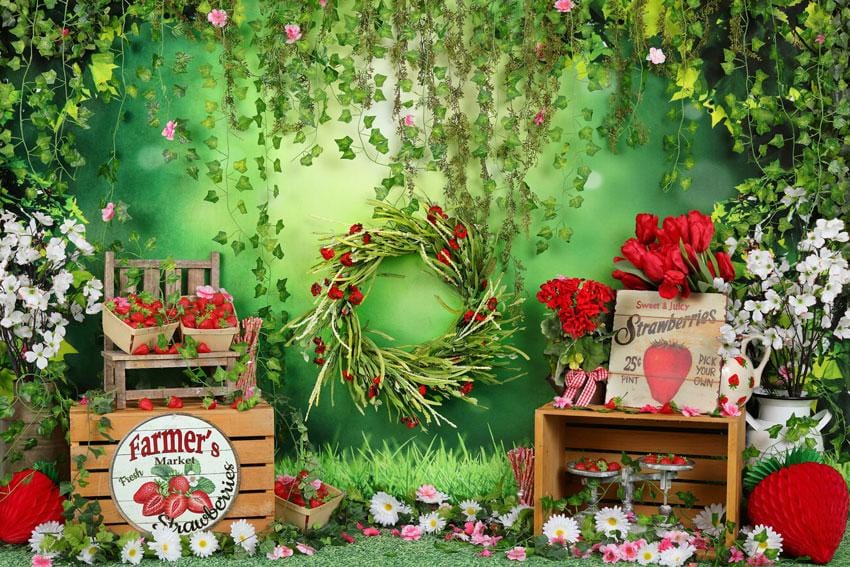 Kate Summer Strawberry and White Flower Green Leaves With Banners Backdrop
