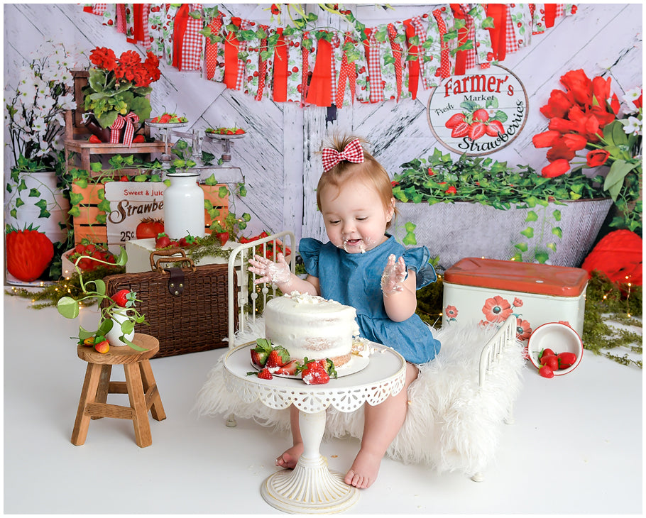 Kate Summer Strawberry White Wooden Board With Banners Backdrop - Kate Backdrop