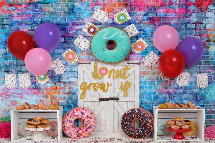 Kate White Door Balloons Banner Donut Grow Up Birthday Children Backdrop