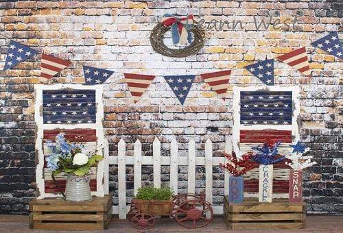 Katebackdrop閹枫垺缍朘ate Retro Brick with Banners Independence Day Backdrop for Photography Designed by Leann West