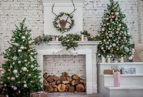 Katebackdrop£ºKate Christmas Tree with Fireplace White Brick Wall Warmful Backdrop for Photography