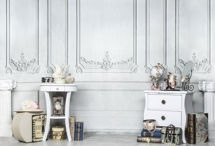 Kate White Vintage Wall with Dressing Table Backdrop for Photography Designed by Lisa Olson