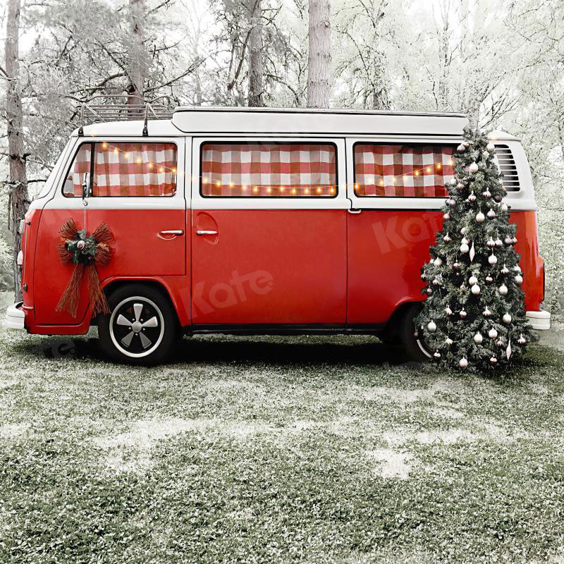 Kate Christmas Tree Red Camper van in Snow Backdrop for Photography Designed by Kerry Anderson