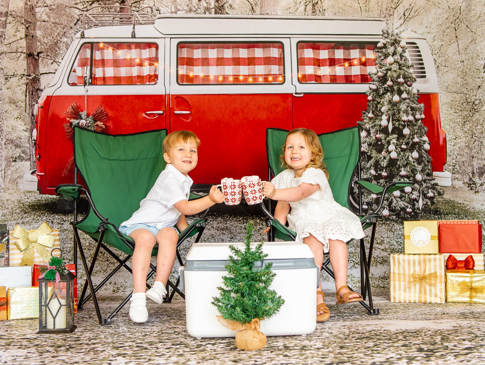 Kate Christmas Tree Red Camper van in Snow Backdrop for Photography Designed by Kerry Anderson