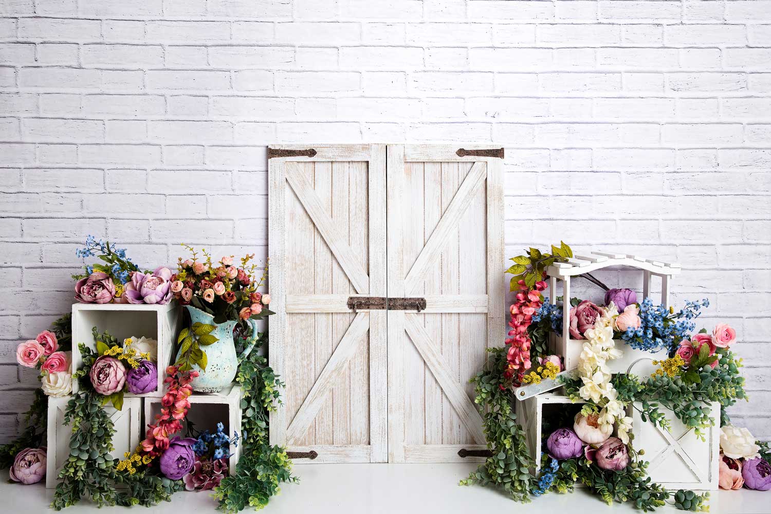 Kate Spring Colorful Flowers Barn Door Backdrop Designed by Megan Leigh Photography