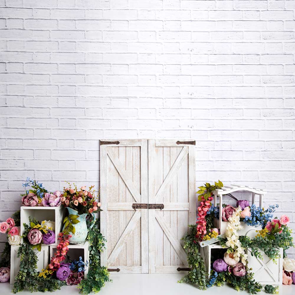 Kate Spring Colorful Flowers Barn Door Backdrop Designed by Megan Leigh Photography