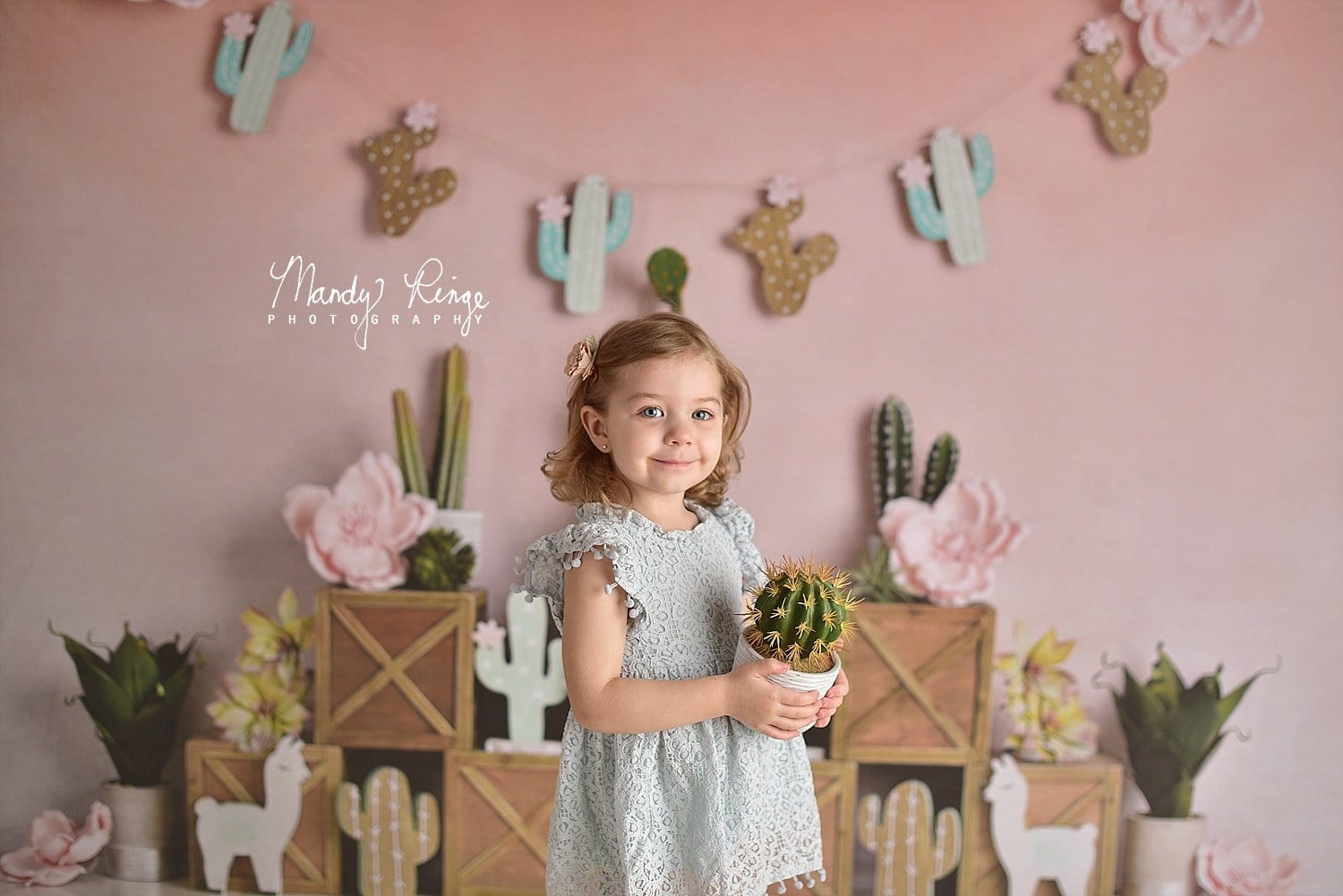 Kate Spring Pastel Llamas with Cactus Pink Backdrop for Children Designed By Mandy Ringe Photography - Kate Backdrop