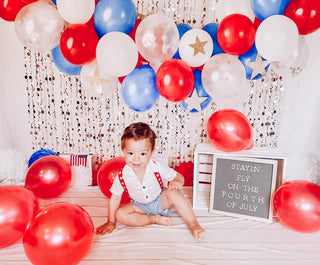 Kate July of 4th Patriotic Balloons Printed Backdrop Designed by Mandy Ringe Photography