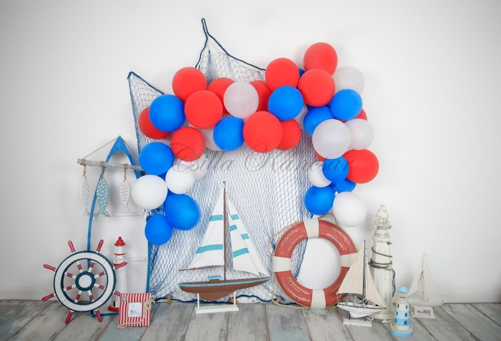 Kate Sailor Backdrop Blue&Red Balloons Sailboat Designed by Csilla Kancsar