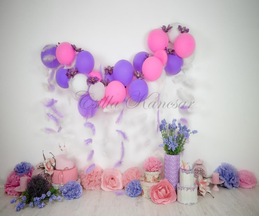 Kate Cake Smash Backdrop Balloons Purple Feathers Designed by Csilla Kancsar