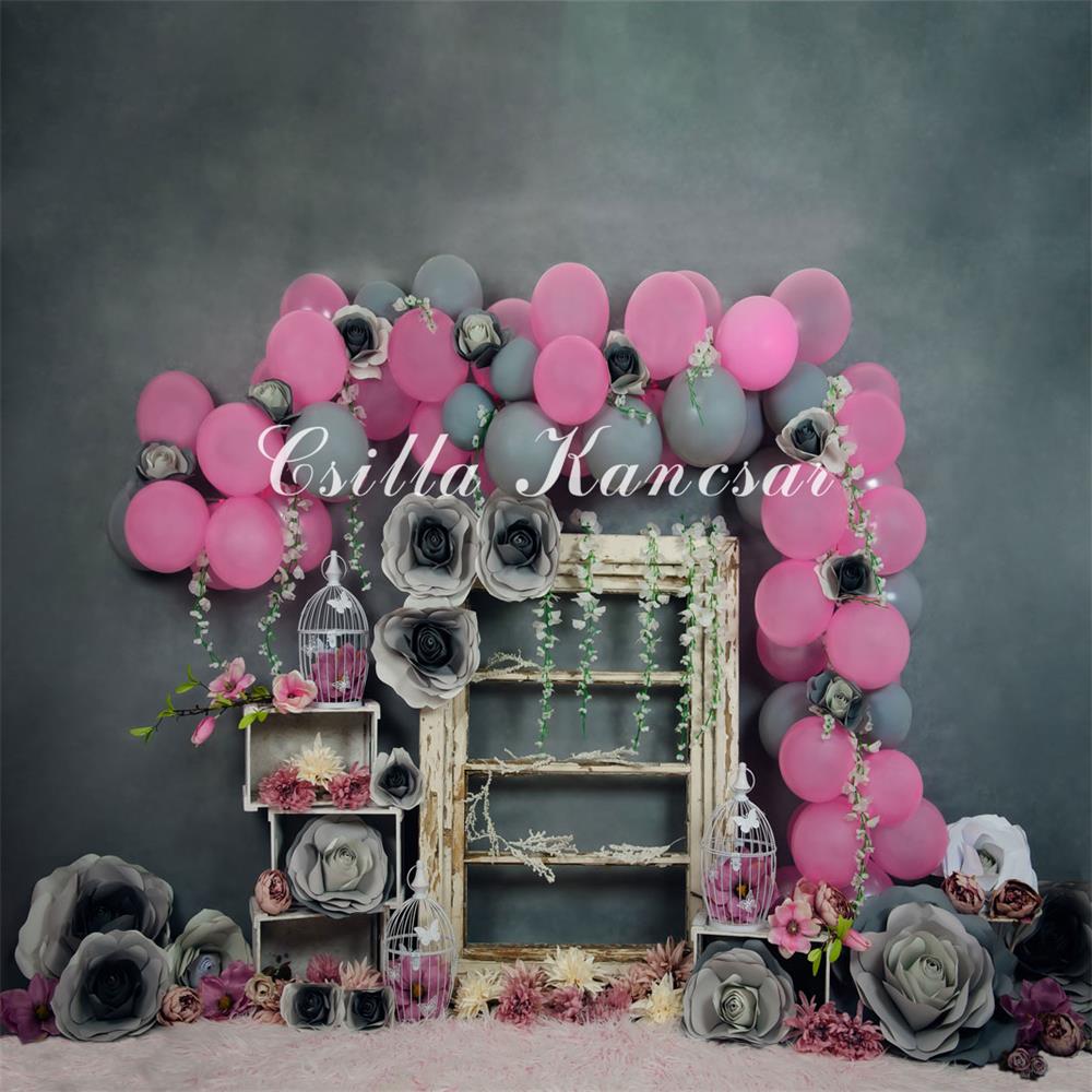 Kate Cake Smash Backdrop Gray&Pink Balloons Designed by Csilla Kancsar