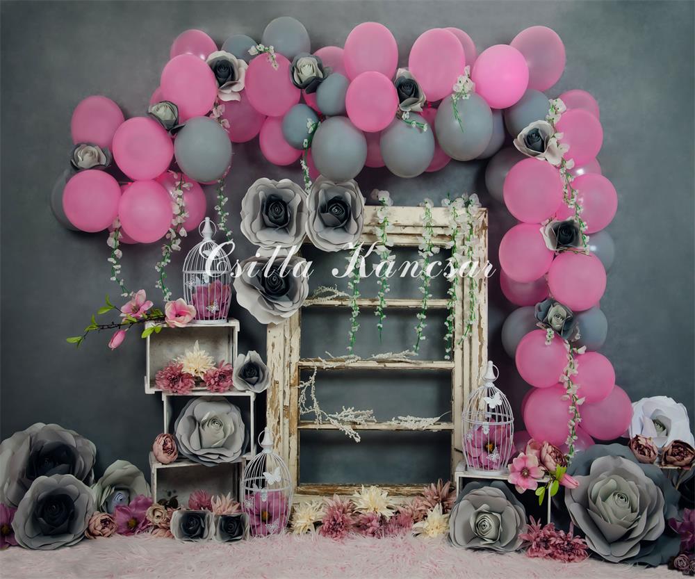 Kate Cake Smash Backdrop Gray&Pink Balloons Designed by Csilla Kancsar