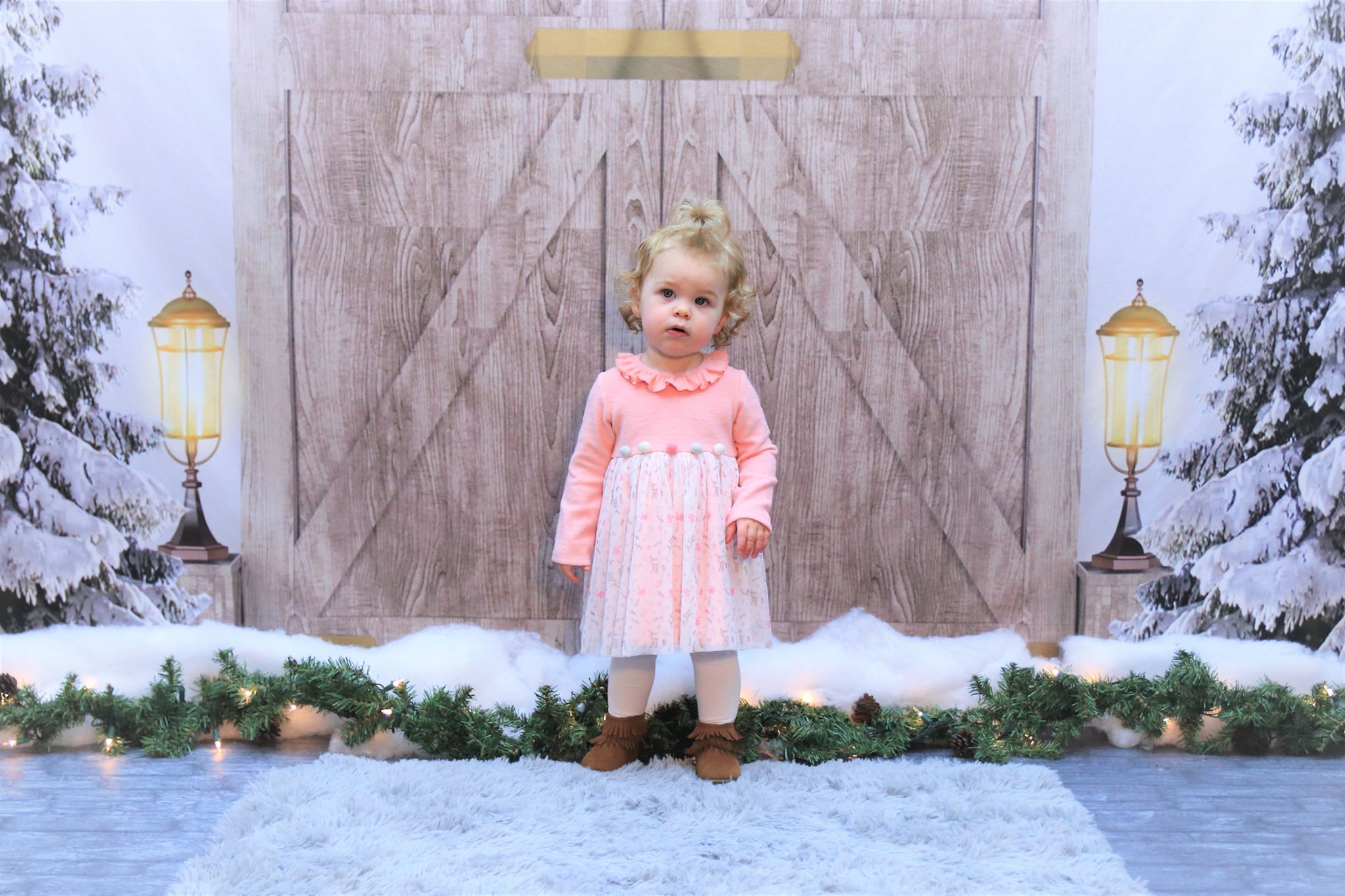 Kate Xmas/Winter Backdrop Snow Trees Lights with Door for Photography