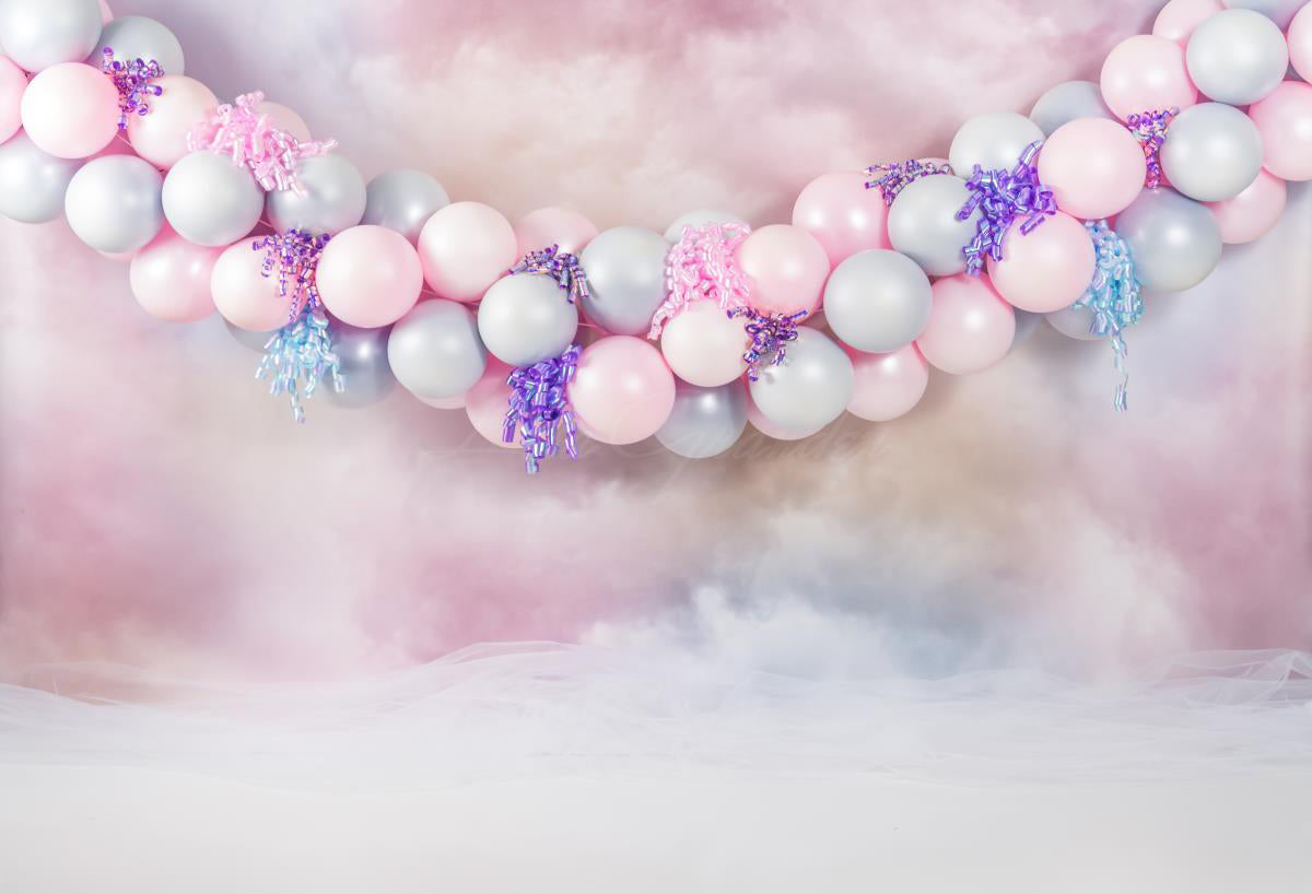 Kate Pastel Clouds Pink Balloons Birthday Backdrop Designed by Chrissie Green