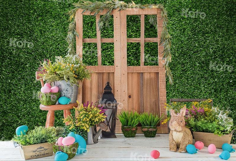 Kate Spring/Easter Eggs Bunny Door Green Grasses Wall Backdrop for Photography