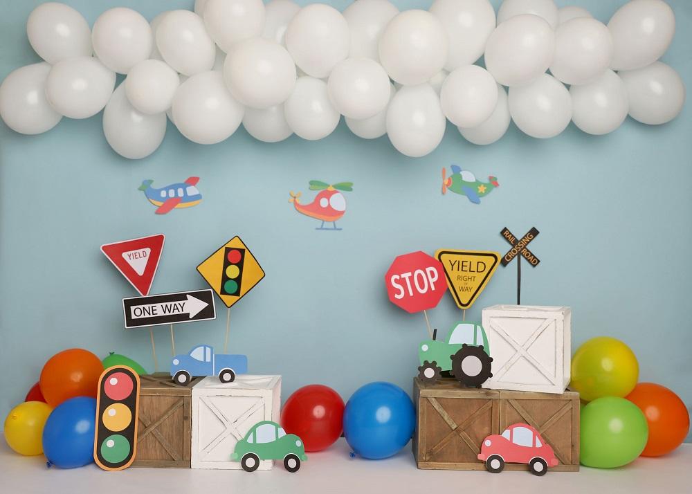 Kate Colorful Birthday Cars Trucks Airplanes Backdrop Designed by Melissa King
