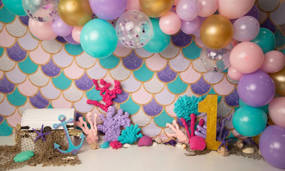 Kate Summer Mermaid 1's Birthday Balloons Backdrop Designed by Jenna Onyia