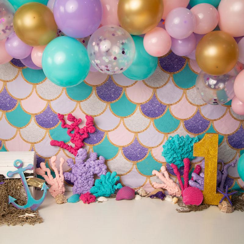 RTS Kate 7x5ft Summer Mermaid 1's Birthday Balloons Backdrop Designed by Jenna Onyia(Clearance US only)