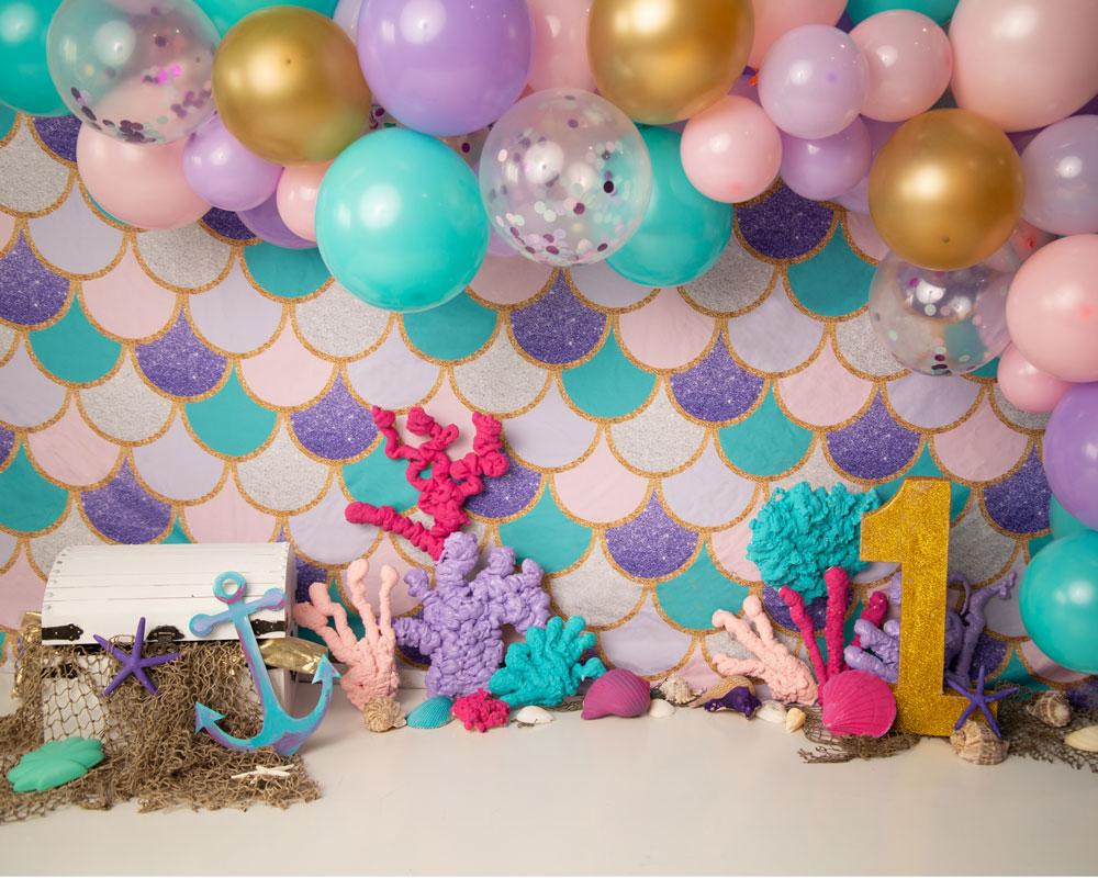Kate Summer Mermaid 1's Birthday Balloons Backdrop Designed by Jenna Onyia
