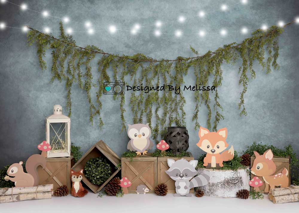 Kate Blue Woodland Animals Cake Smash Backdrop for Photography Designed by Melissa King