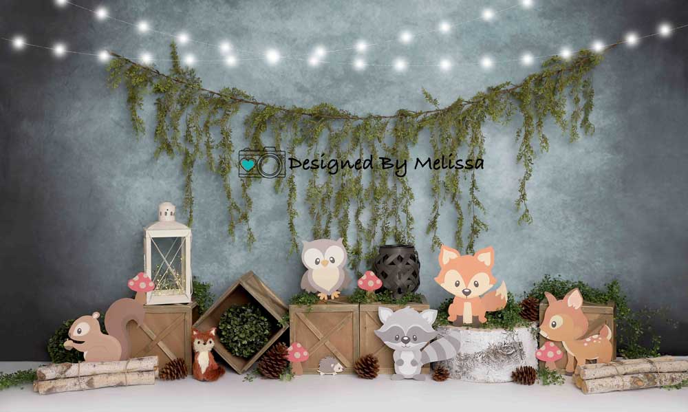 RTS Kate Blue Woodland Animals Cake Smash Backdrop for Photography Designed by Melissa King