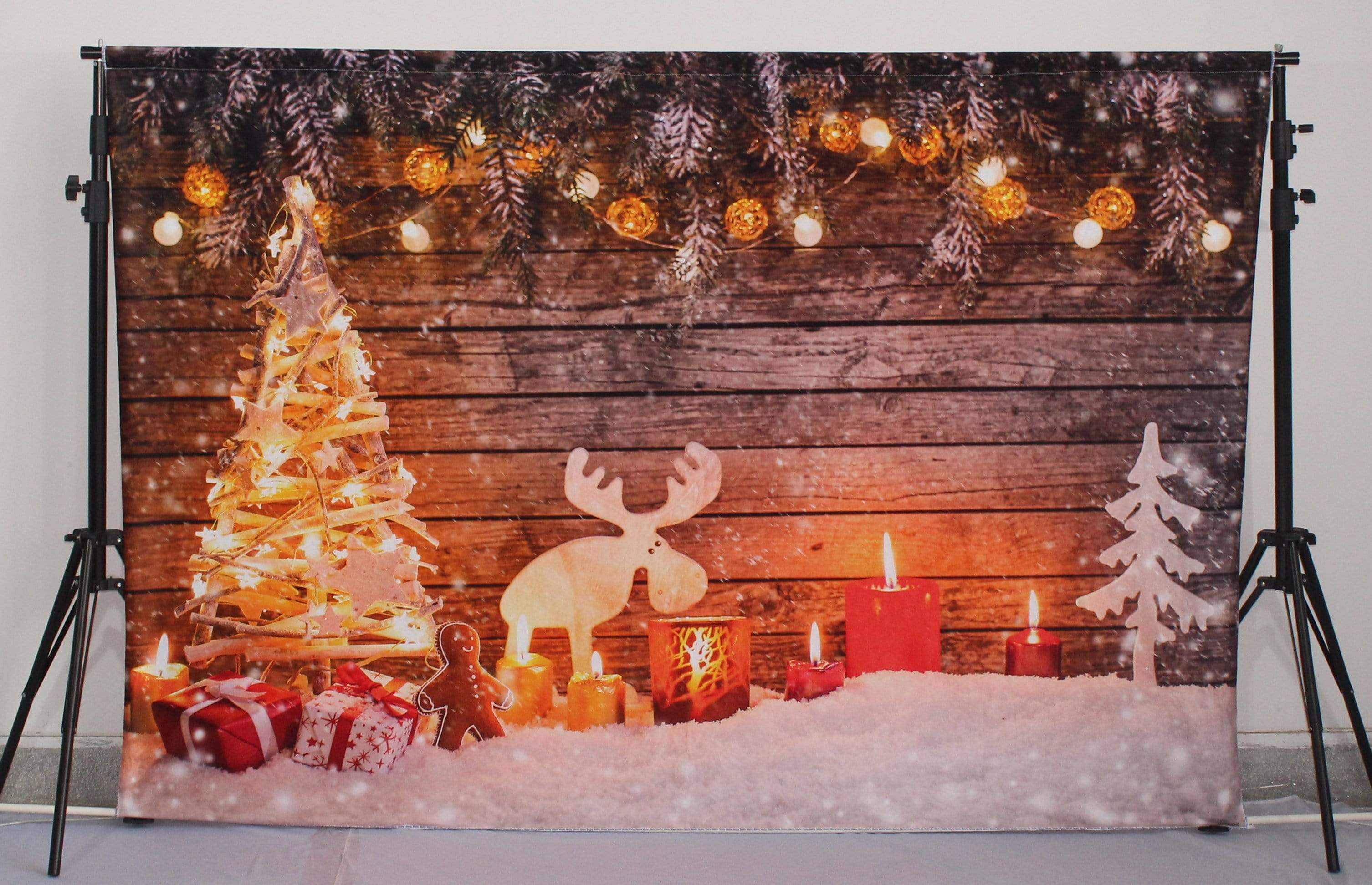 Kate Christmas Photo Backdrop Snow Wooden Light Wall - Katebackdrop
