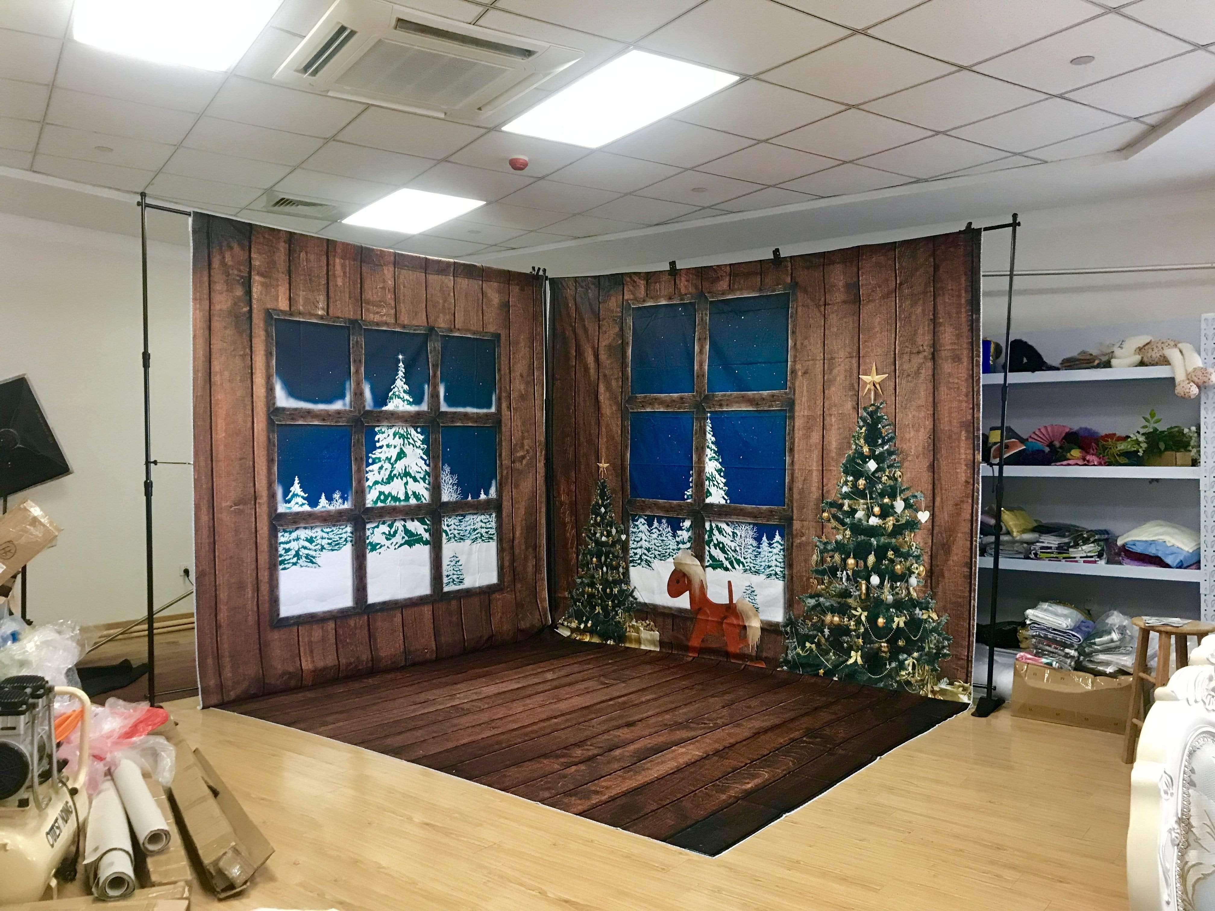 Katebackdrop鎷㈡綖Kate Christmas Tree Dark Brown Wooden Floor Window room set