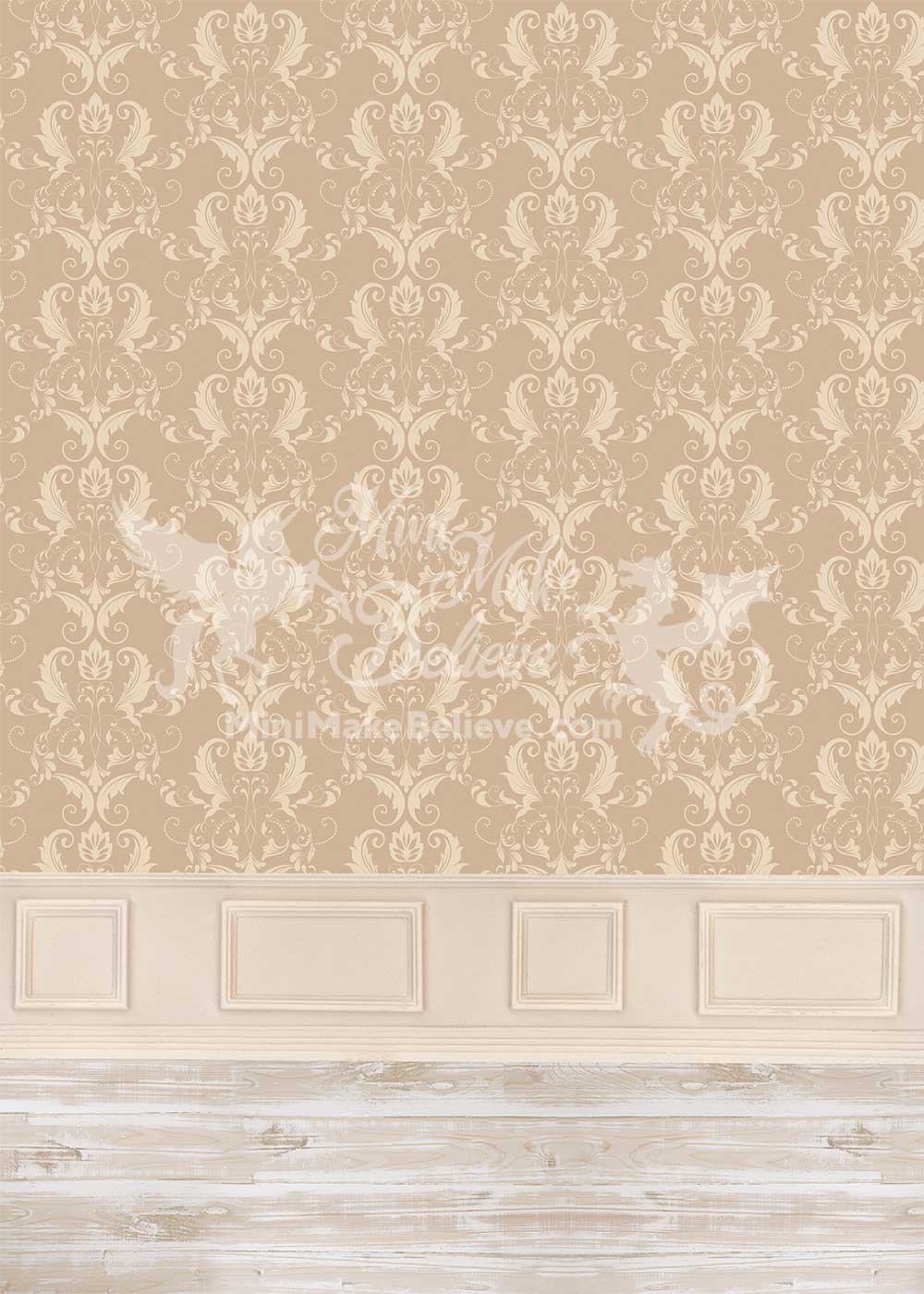 Kate Tan Beige Classical Damask Backdrop Ornate Wall with Wainscot Wedding Designed by Mini MakeBelieve