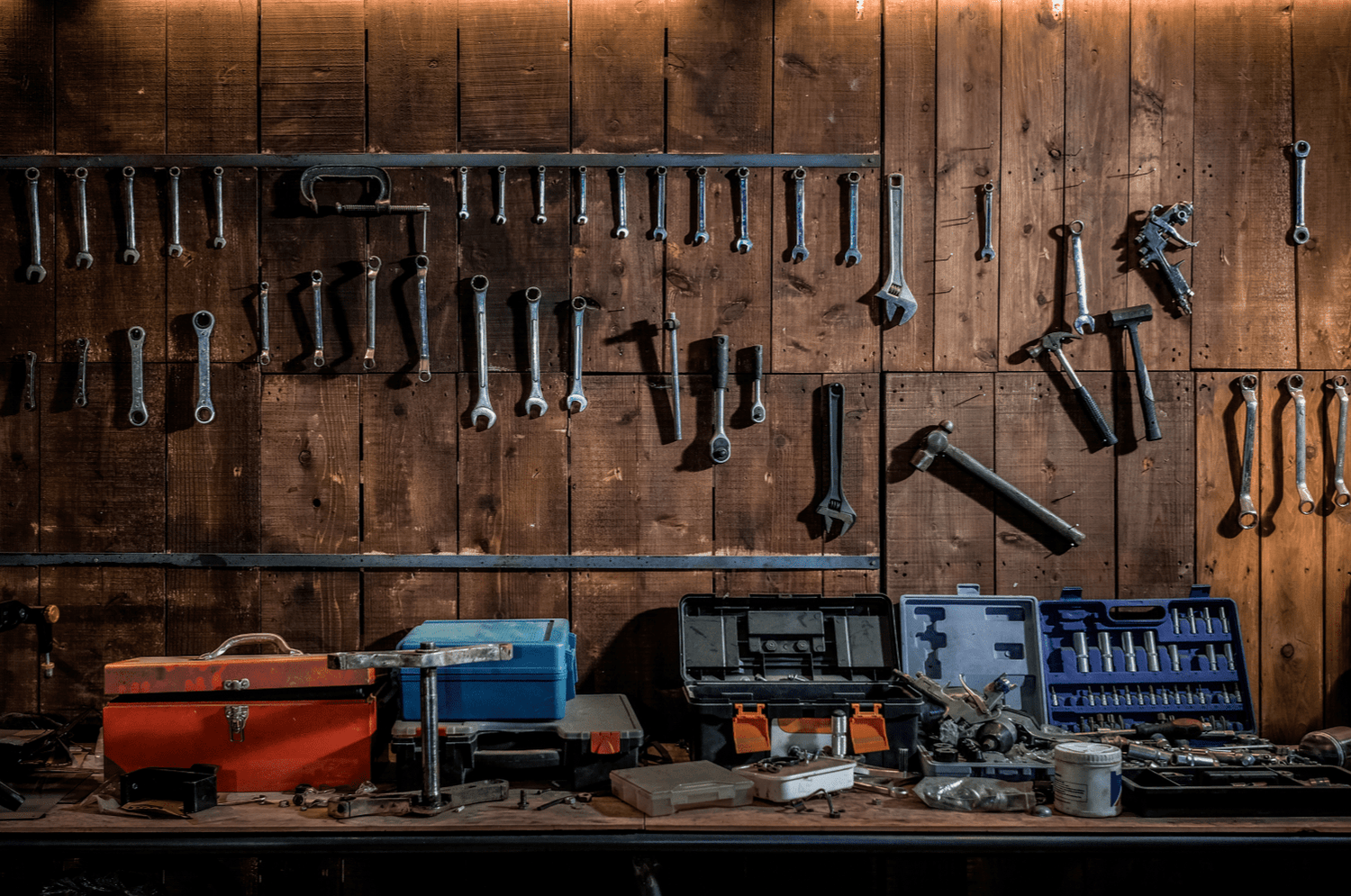 Rustic Workshop Tools Wooden Wall Backdrop