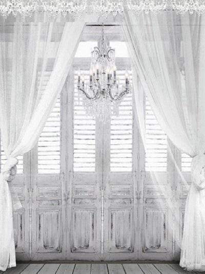 Katebackdrop鎷㈡綖Kate windows with white sheer curtains chandelier Backdrop