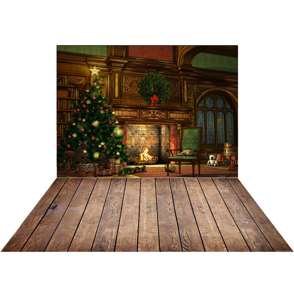 Kate Christmas Tree And Fireplace Decorations+Dark Brown Wood Rubber Floor Mat