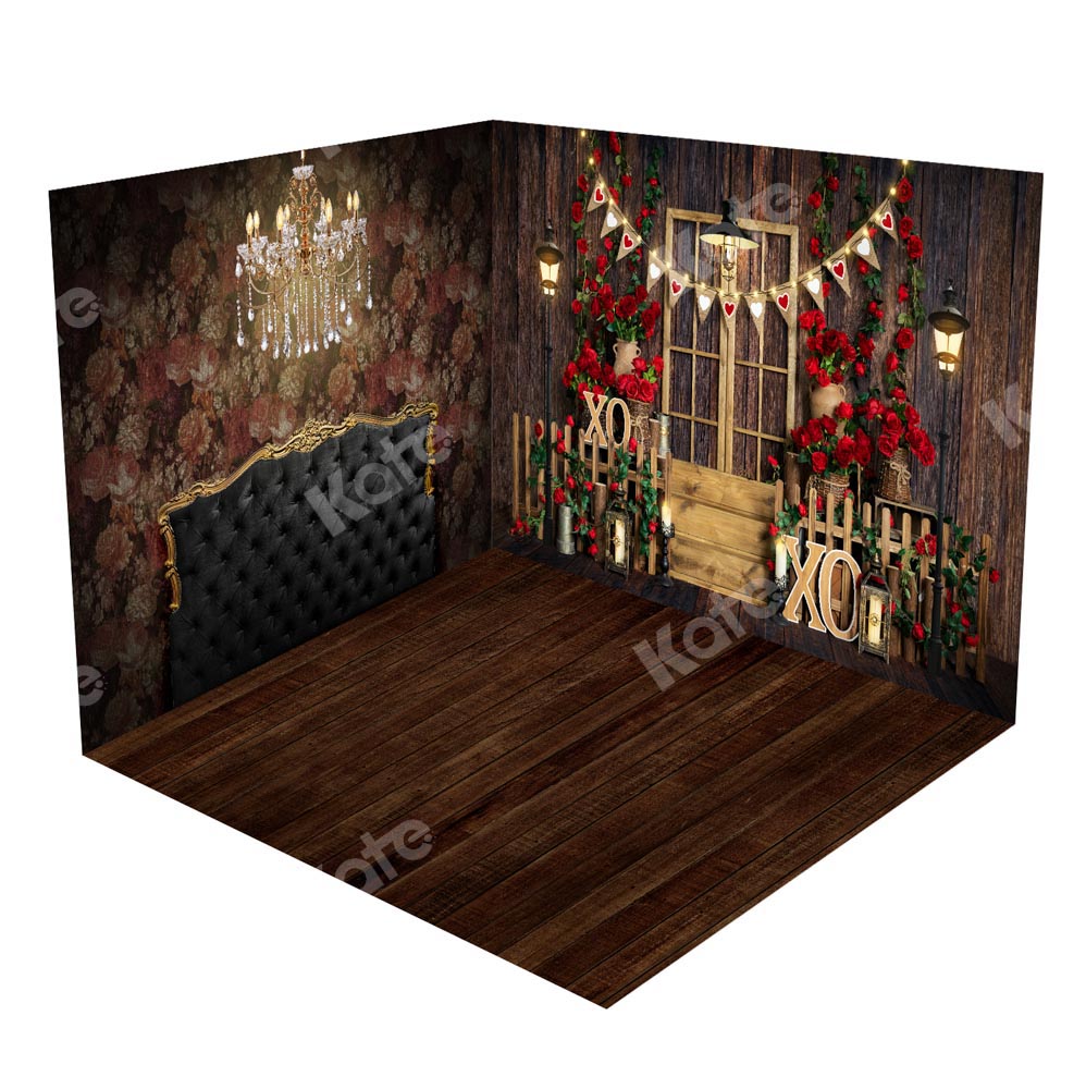 Kate Black Vintage Headboard Flowers Valentine's Day Wood Grain Room Set(8ftx8ft&10ftx8ft&8ftx10ft)