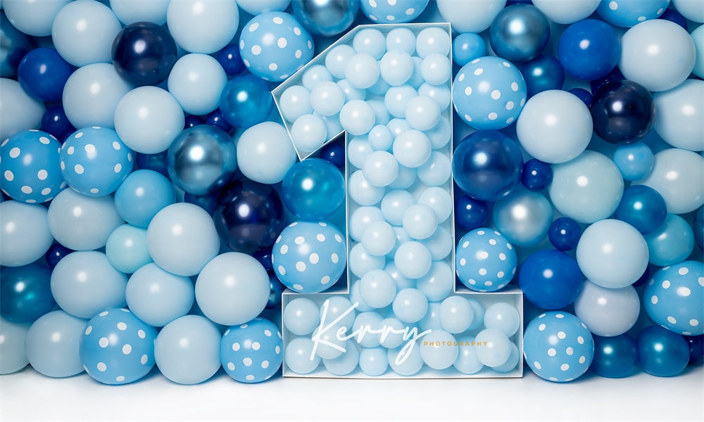Kate Blue Balloon Wall Backdrop First Birthday Cake Smash for Photography Designed by Kerry Anderson