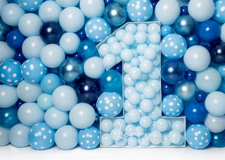Blauwe ballonmuur Achtergrond Eerste Verjaardagstaart Smash voor Fotografie Ontworpen door Kerry Anderson