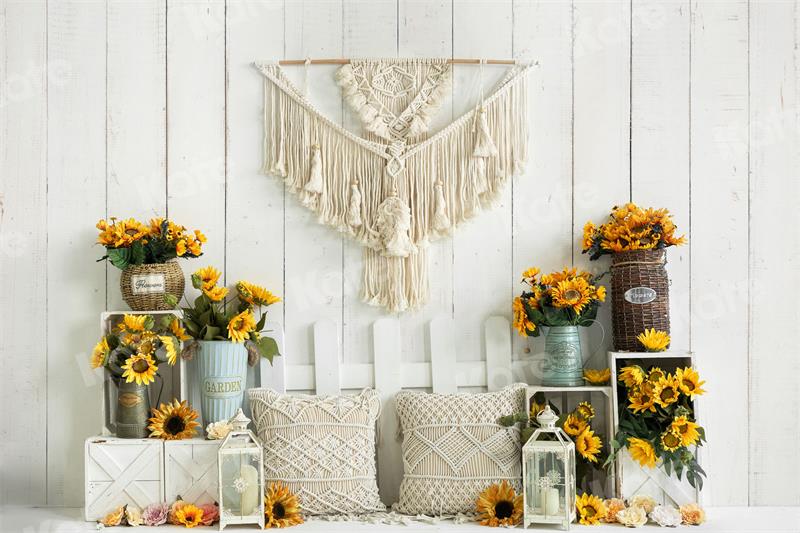 Kate Boho Sunflower Backdrop White Wooden Wall for Photography