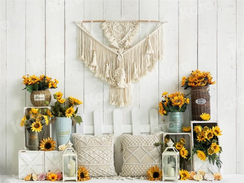 Kate Boho Sunflower Backdrop White Wooden Wall for Photography