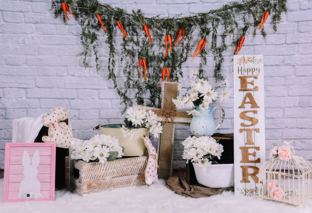 Kate Brick Wall with Carrots Banners Easter Backdrop for Photography Designed by Keerstan Jessop
