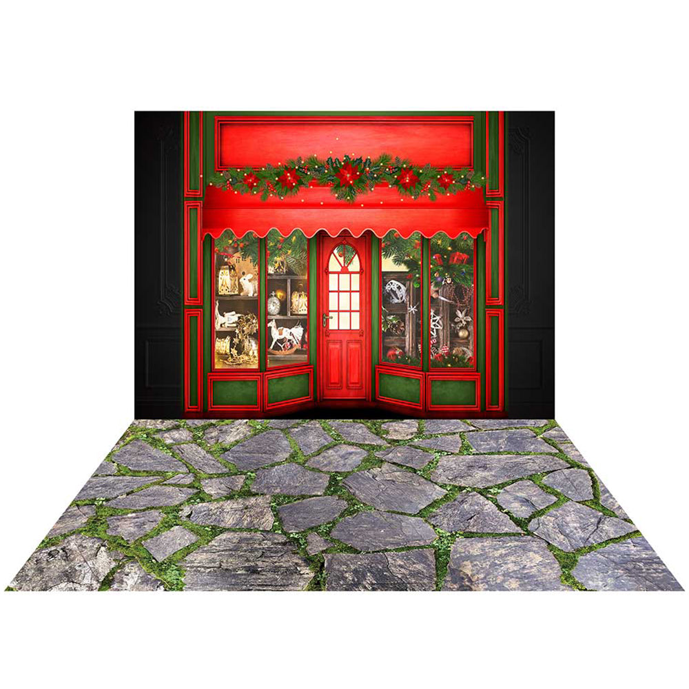 Kate Christmas Store Snow Winter Backdrop+Spring Rock Wall Rubber Floor Mat