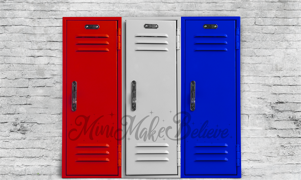 Kate Colorful School Backdrop Gym Lockers Designed by Mini MakeBelieve