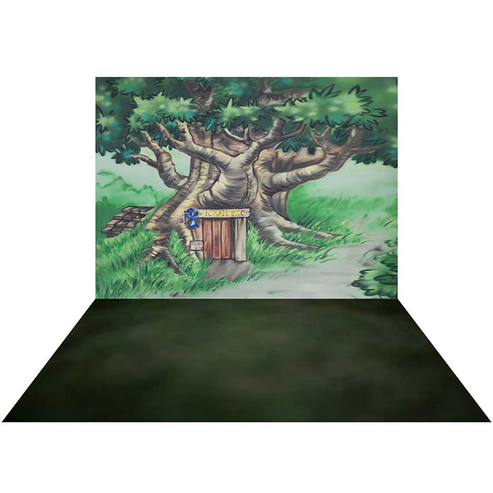 Kate Corner Tree House Forest Backdrop+Green Blur Rubber Floor Mat