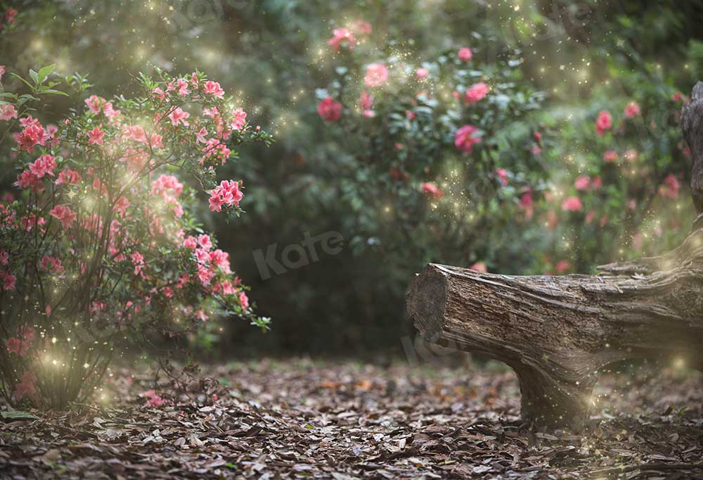 Kate Garden with log bench fairy lights spring Backdrop for Photography Designed by Pine Park Collection