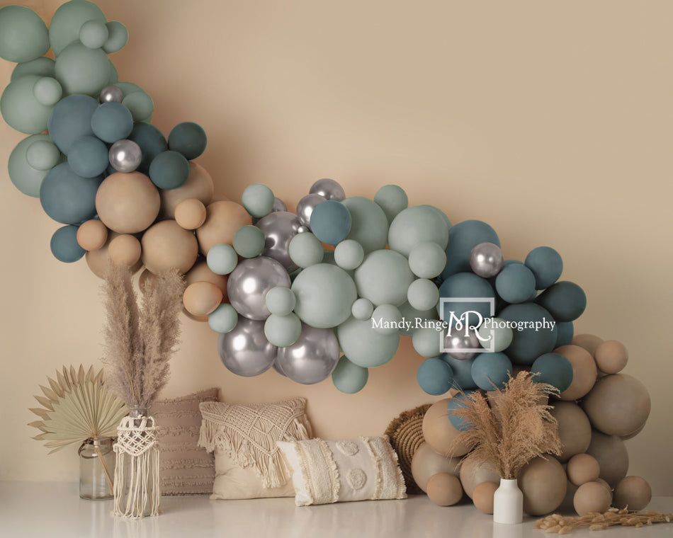 Kate Matte Boho Balloons Backdrop Blue Macrame Pillows Designed by Mandy Ringe Photography