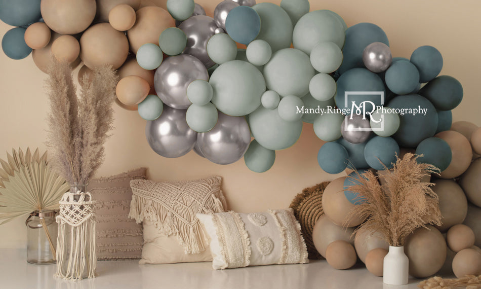 Kate Matte Boho Balloons Backdrop Blue Macrame Pillows Designed by Mandy Ringe Photography