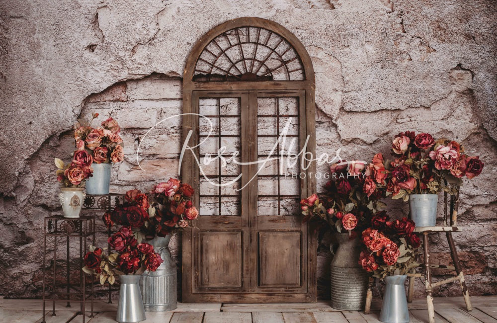 Kate Old Floral Backdrop Brick Door for Photography Designed By Rose Abbas