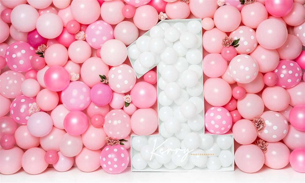 Kate Pink Balloon Wall Backdrop First Birthday Floral for Photography Designed by Kerry Anderson