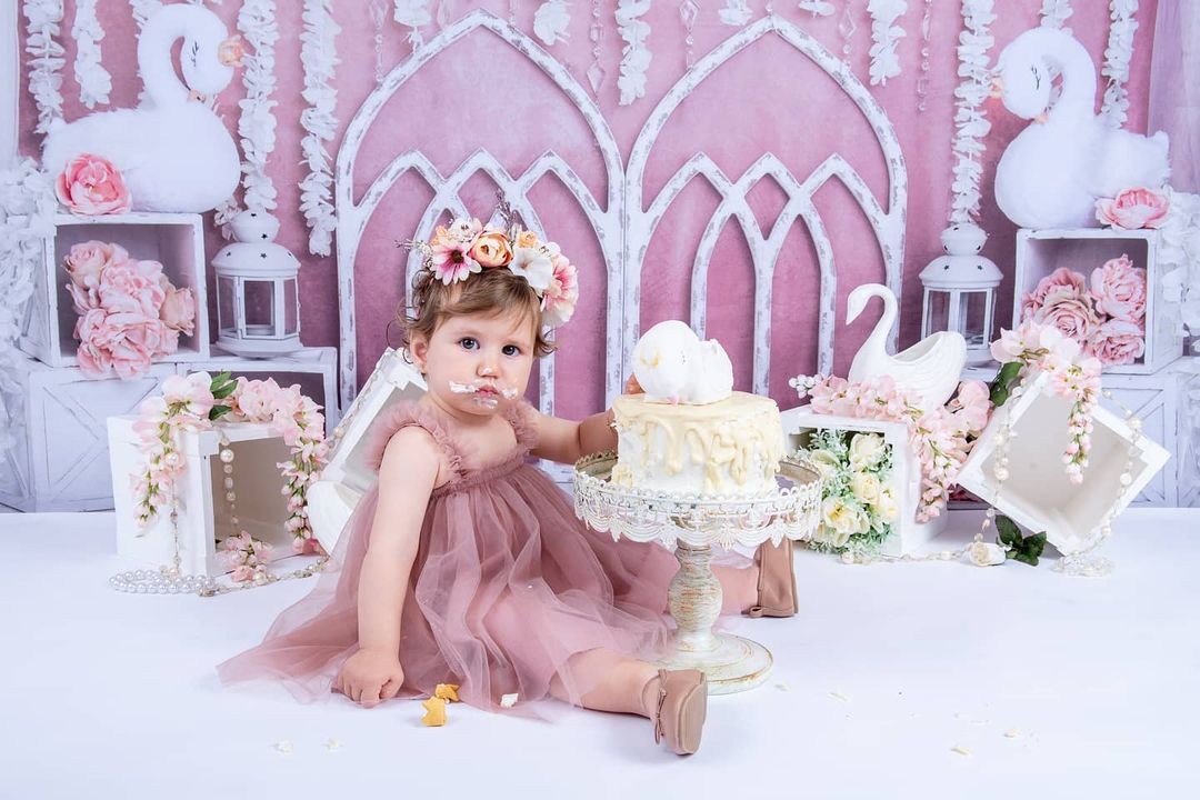 Kate Pink Swan Cake Smash Girly Backdrop for Photography Designed by Lisa B