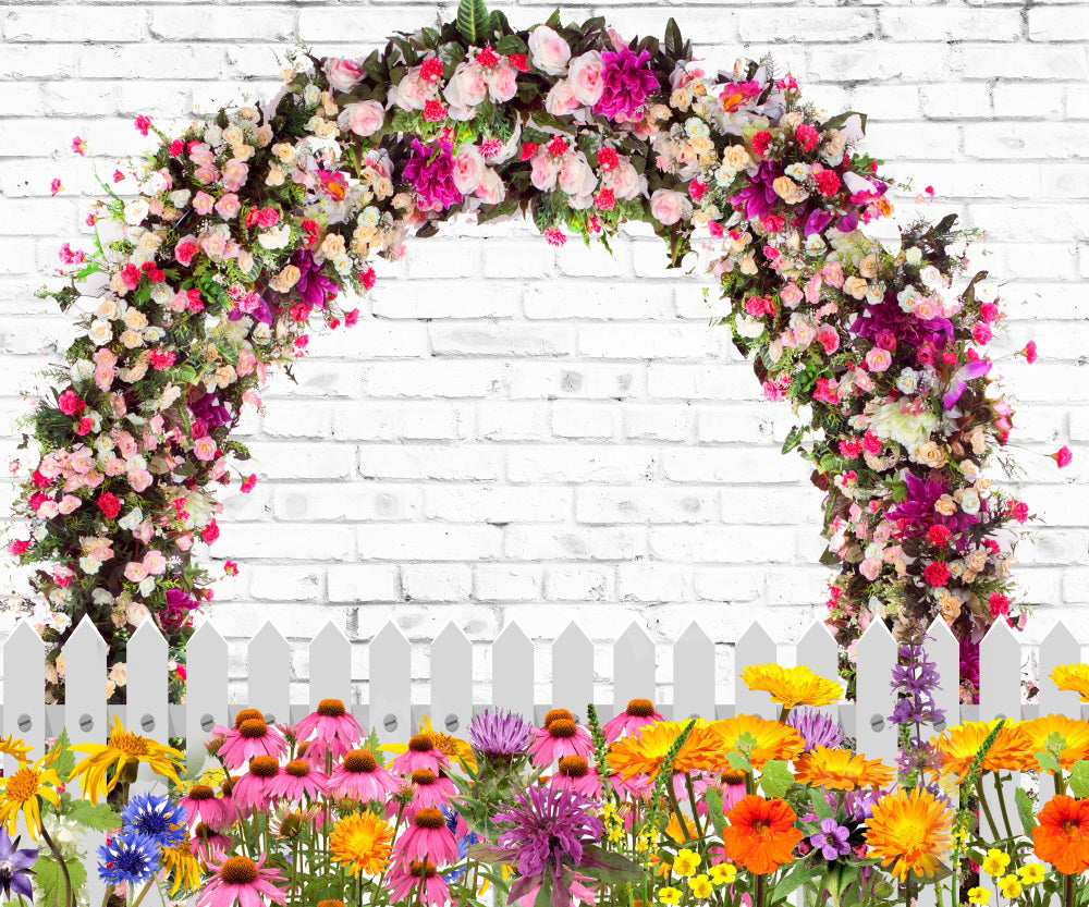 Kate Retro Brick with Spring Flowers and Fence Backdrop for Photography Designed by JFCC
