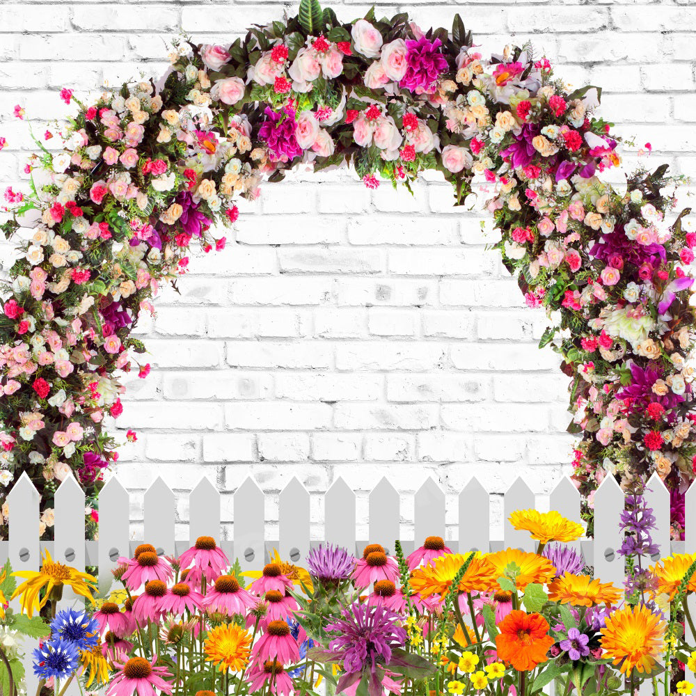 Kate Retro Brick with Spring Flowers and Fence Backdrop for Photography Designed by JFCC