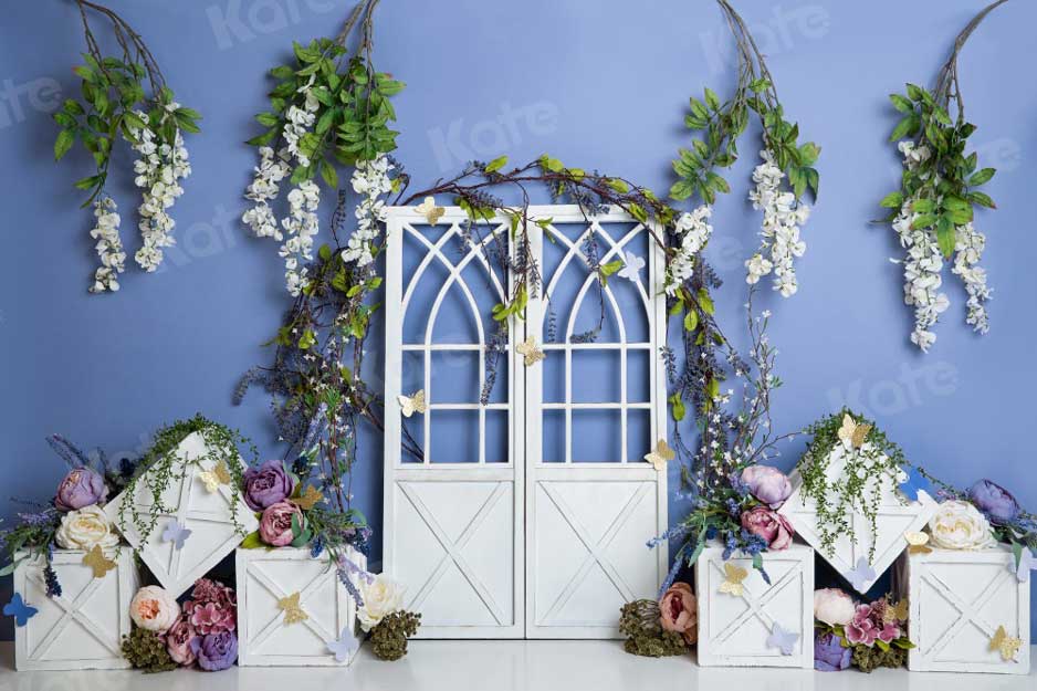 Kate 7x5ft Spring Blue Floral Cake Smash Backdrop (only ship to Canada)