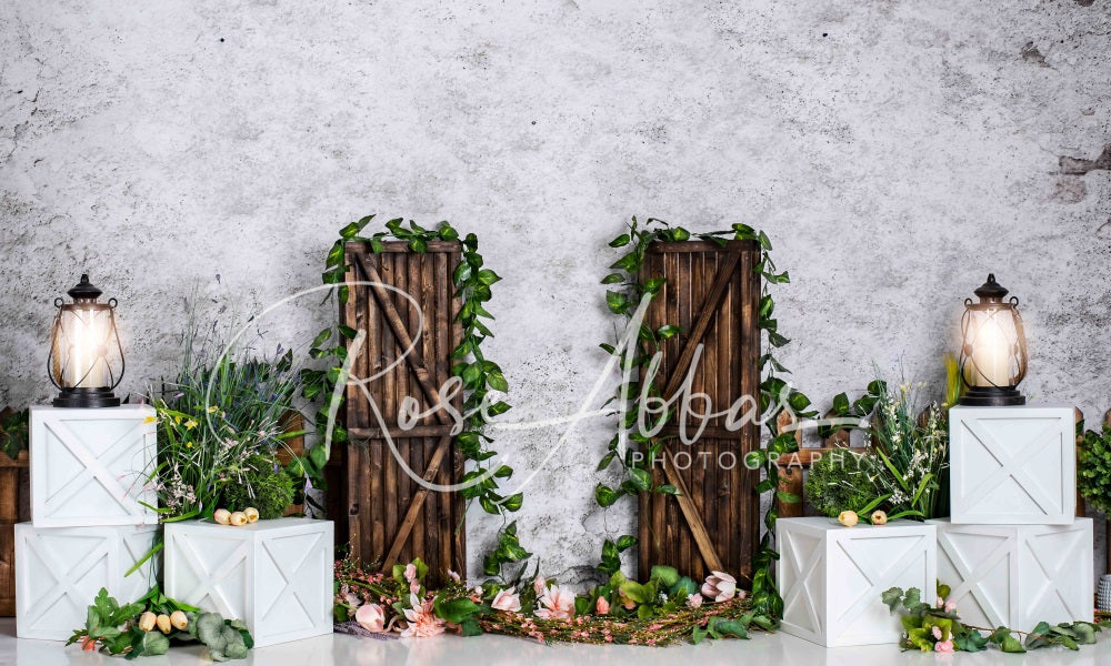 Kate Spring Green Plants Backdrop Wooden Door for Photography Designed By Rose Abbas